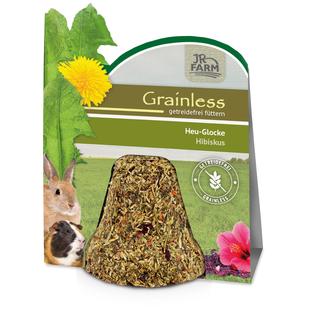 Heu-Glocke mit Hibiskus für Nager auf grünem Feld; Kaninchen und Meerschweinchen neben Löwenzahn, rechts Hibiskusblüte. Aufschrift: "JR FARM Grainless", "Heu-Glocke Hibiskus", "getreidefrei füttern".