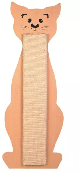 Beige Kratzbrett in Katzenkontur mit Sisal-Kratzfläche in der Mitte.