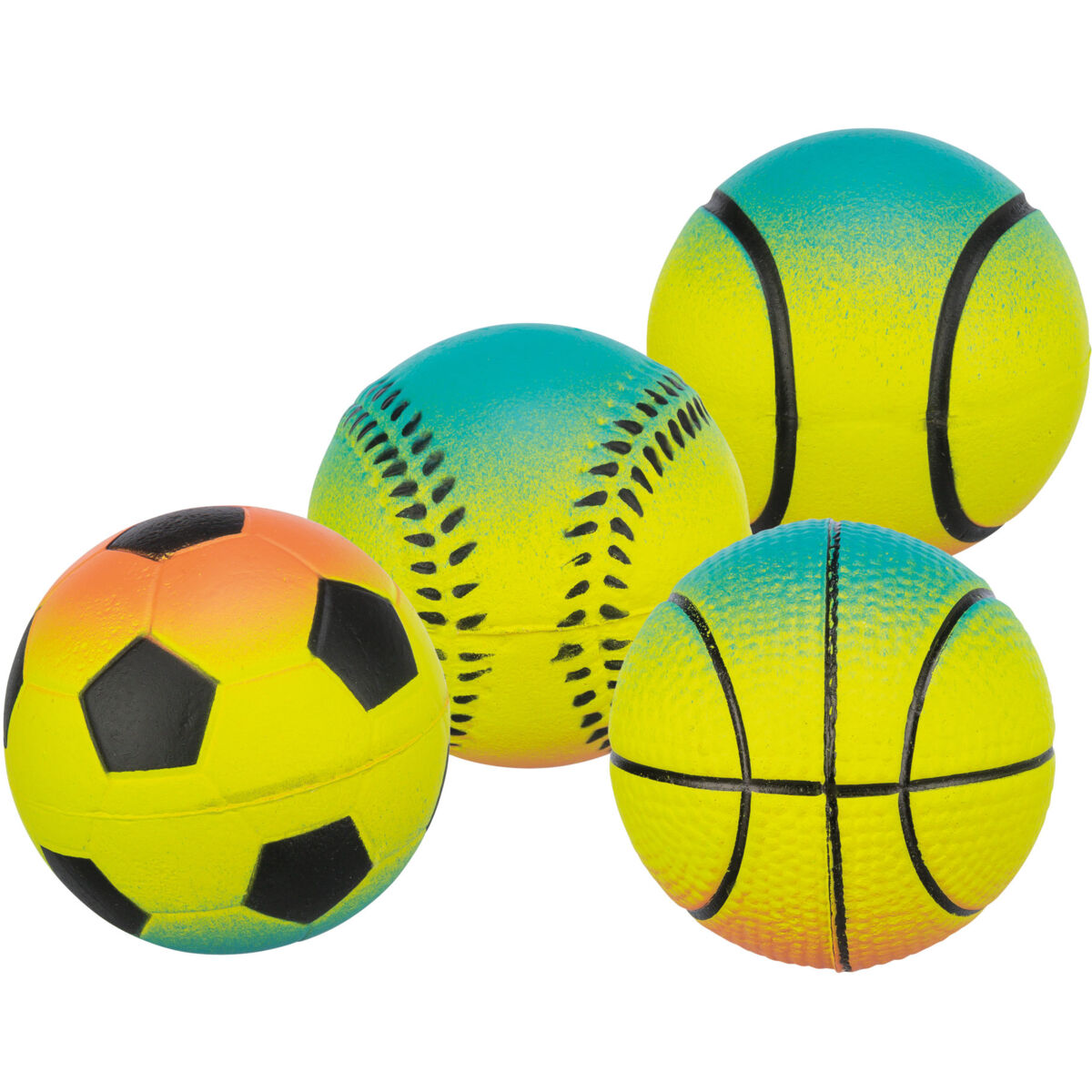 Set di 4 palloni sportivi colorati in schiuma: pallone da calcio arancione-giallo con rombi neri, palla da baseball giallo-turchese e palla da tennis con cuciture e linee nere, più un piccolo basket giallo-turchese.