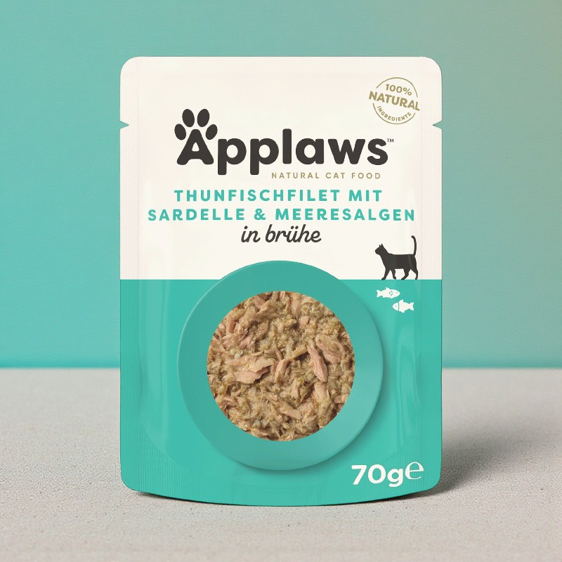 Confezione Applaws Cibo per gatti filetto di tonno, acciuga, alghe. Fronte: illustrazione di cibo, simbolo di gatto e pesce.