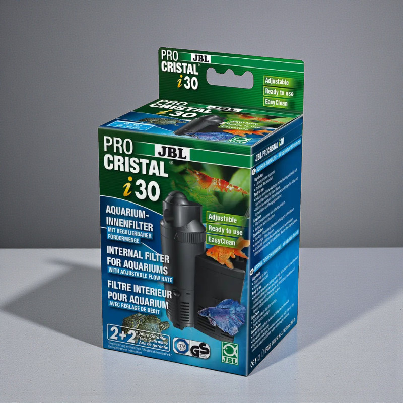 Verpackung des JBL ProCristal i30 Innenfilters mit Filter und Aquarium-Bewohnern abgebildet.