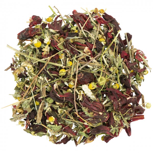 A blend of dried herbs and flowers in a variety of textures and colours. Dark red, elongated petals or fruits are mixed with light green leaves, stems and yellow-white camomile flowers.
