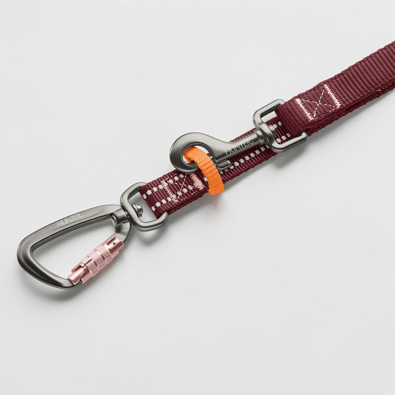 Laisse pour chien couleur baie avec des points réfléchissants blancs et un motif en zigzag. Mousqueton pivotant argenté, boucle orange. Extrémité : mousqueton de sécurité en aluminium avec vis de fermeture rose.
