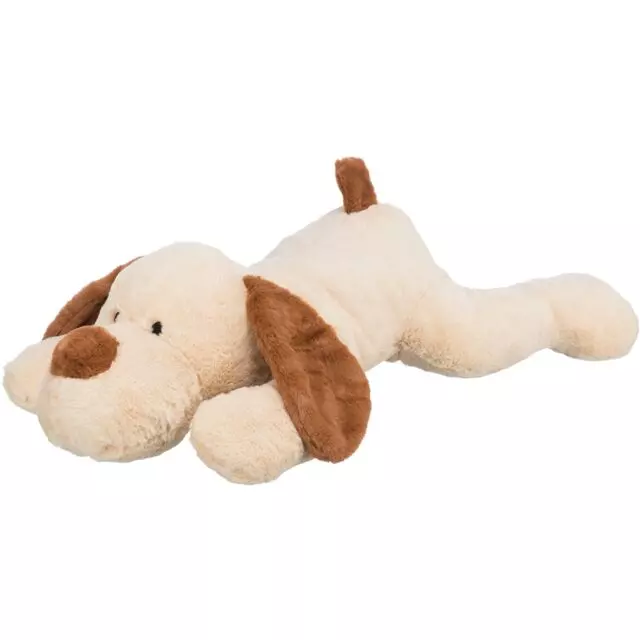 Le chien en peluche beige et brun Benny est allongé. Ses oreilles sont brunes, tout comme son museau et sa queue.