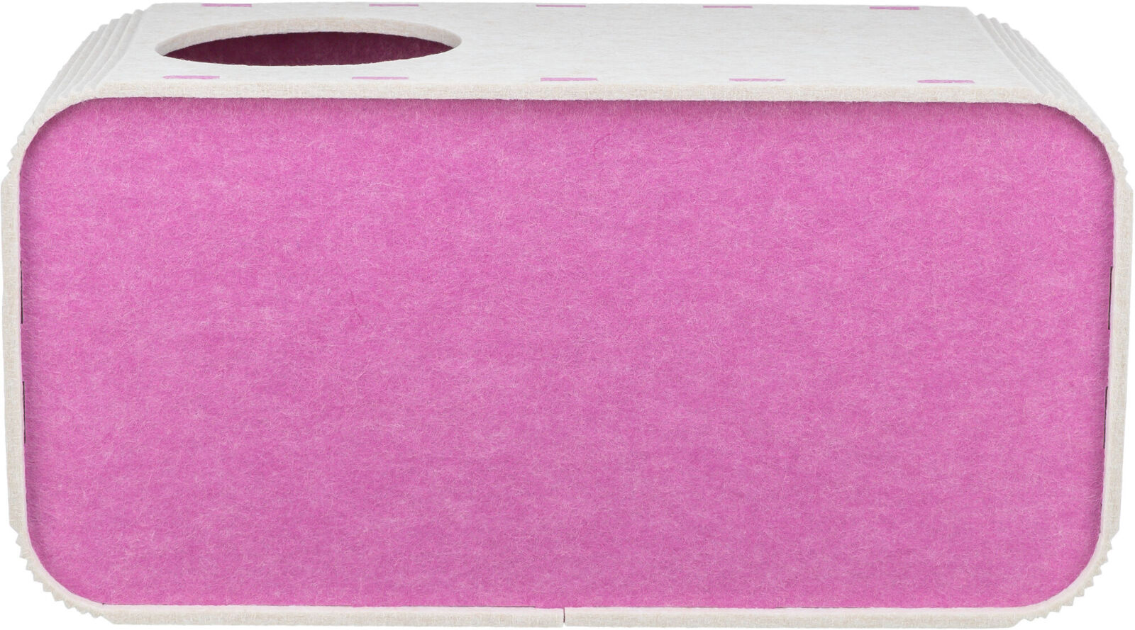 Housse rectangulaire pour boîte à mouchoirs aux coins arrondis, en 2 couches de feutre : gris clair à l'extérieur, magenta vif à l'intérieur. Ouverture ovale sur le dessus et broderies magenta décoratives.