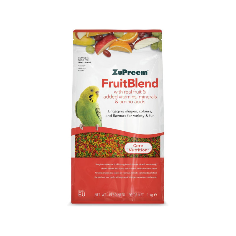 Confezione bianca di mangime per uccelli ZuPreem FruitBlend per uccellini. Incanarino verde, scritta «FruitBlend» e indicazione: con vera frutta, vitamine, minerali e aminoacidi. Pellet colorati, con pezzi di frutta in superficie.