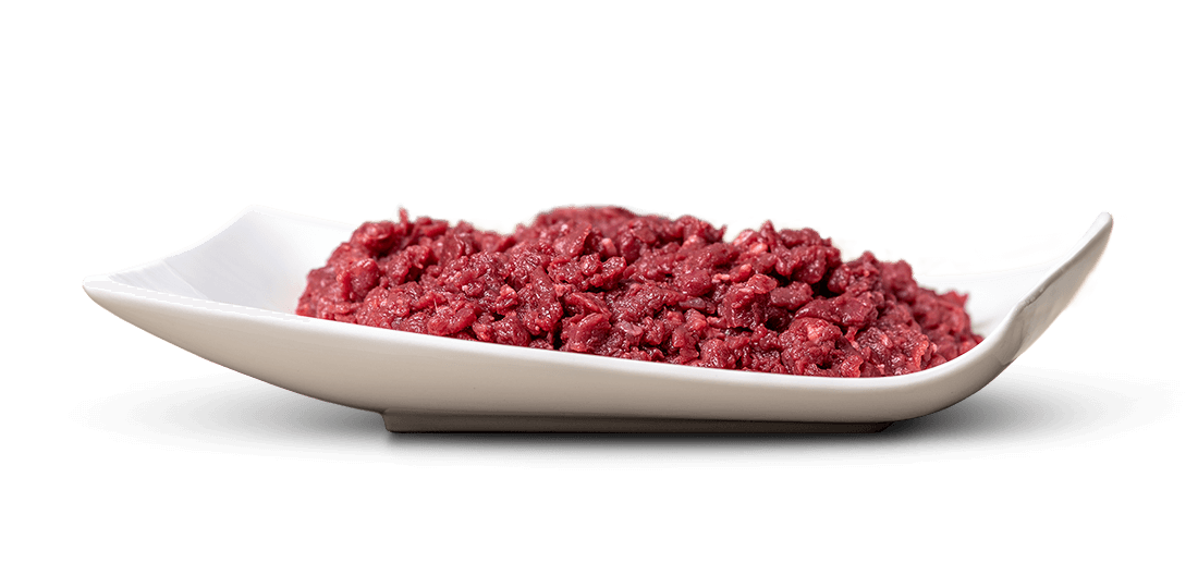 Finely minced, raw, dark red meat, such as steak tartare or minced beef, is arranged on an elegant, oblong white dish with gently curved edges. It has a coarse texture and is arranged in the centre against a light, plain background.