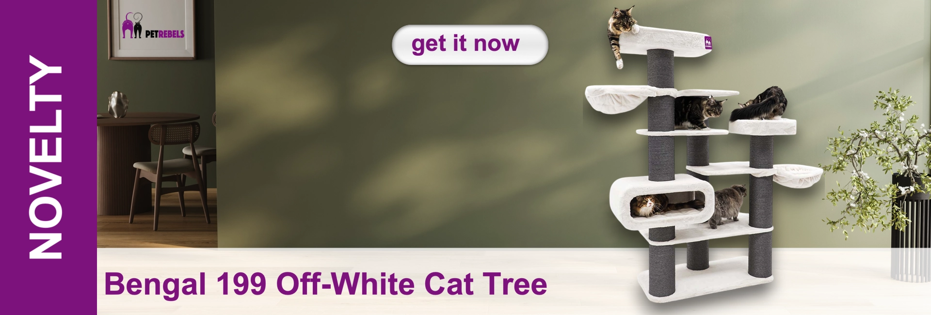A large, modern cat tree in off-white and dark grey stands in a stylish living room. Featuring several levels, caves and sleeping nooks: one tabby cat is lying at the top, one is in a cave, and one is walking around at the bottom.