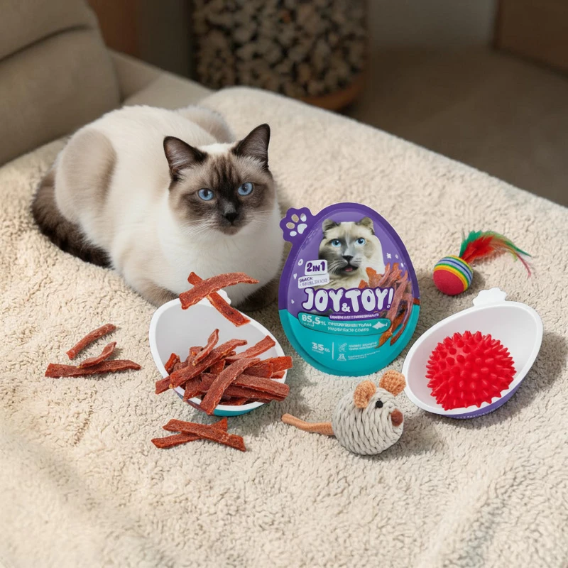 Hellbraune Katze mit dunklen Ohren, Schnauze und blauen Augen liegt entspannt auf beiger Decke. Vor ihr Leckerlis in Schale und verstreut, daneben violettes Katzenfutterpaket, Federkugel, roter Stachelball und gestrickte Maus.