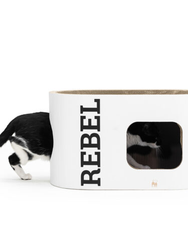Un gatto bianco e nero si arrampica su un tiragraffi bianco a forma di cilindro con la scritta verticale "REBEL". Una parte del gatto è visibile attraverso una finestra rettangolare mentre si mette comodo all'interno. Sfondo bianco.