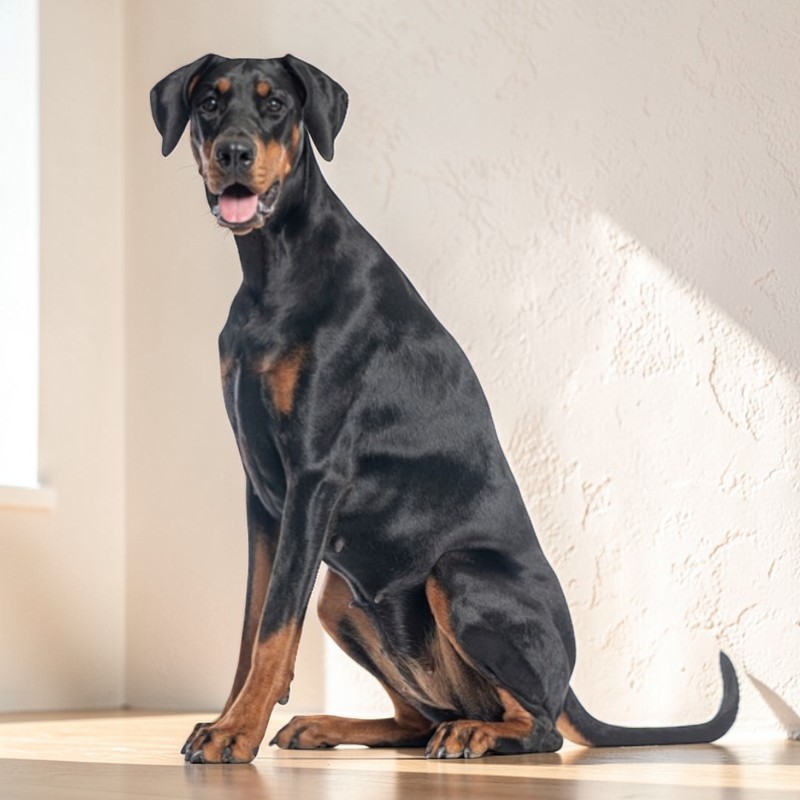 Ein sitzender Dobermann mit kurzem, glattem, schwarzem Fell und braunen Abzeichen blickt aufmerksam in die Kamera.