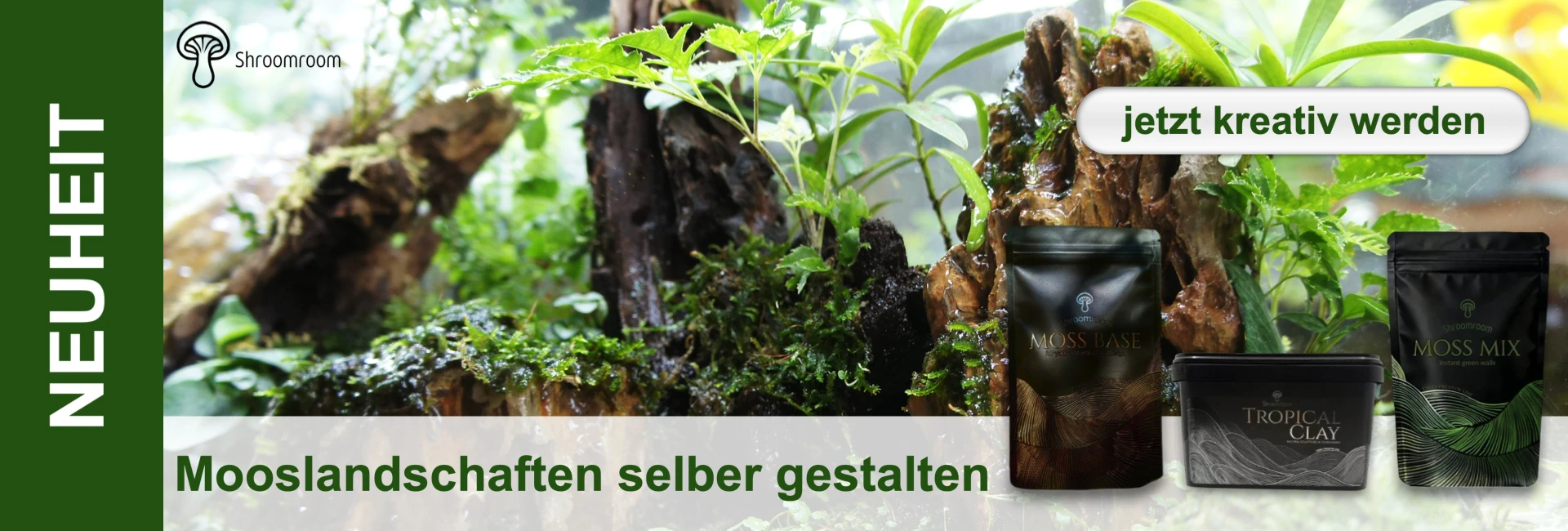 Denso paesaggio di muschio con piante, pietre e confezioni di prodotti in primo piano, presentato in un'atmosfera da studio.