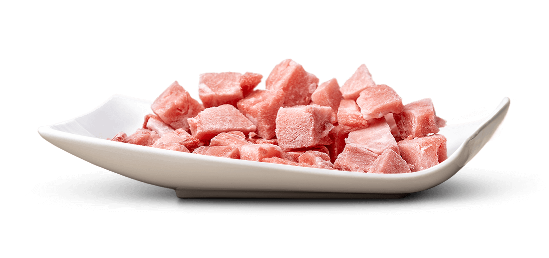 Ciotola piatta in ceramica bianca con tanti piccoli cubetti di frutta congelati rosa. Di forma irregolare, ricoperti da un sottile strato di ghiaccio che li rende opachi e brinati. Disposti fitti al centro su sfondo bianco.