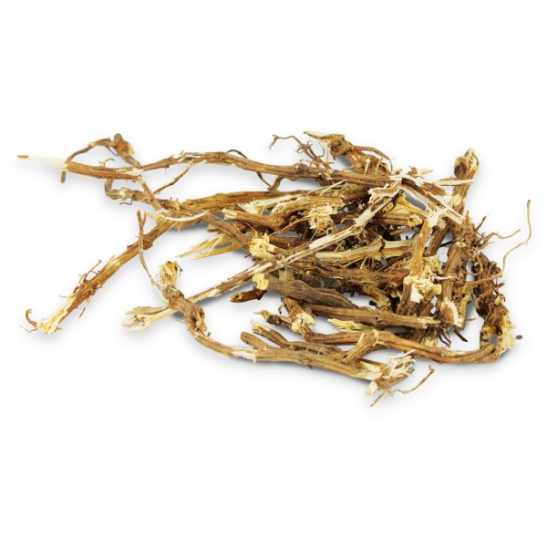 Dried, brownish root pieces and stems lie on a white background. The pieces vary in length, are mostly thin and fibrous, and some have lighter, frayed ends. A loose arrangement with texture and shadow effects.