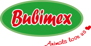 Il logo dell'Bubimex e raffigura un ovale verde orizzontale. Al centro è riportata la scritta "Bubimex" in caratteri rossi dinamici. Sotto, leggermente spostato verso destra, lo slogan rosso "Animals love us" con un cuoricino alla fine.