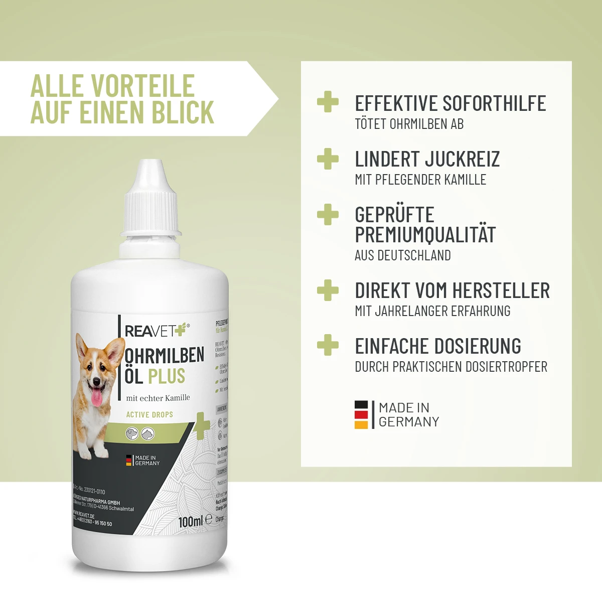 Weiße Reavet Ohrmilben Öl Plus Flasche (100ml) mit Dosiertropfer. Etikett: lächelnder Corgi-Welpe, „mit echter Kamille“, „Made in Germany“. Vorteile: Soforthilfe gegen Ohrmilben, lindert Juckreiz, Premiumqualität, einfach anzuwenden.