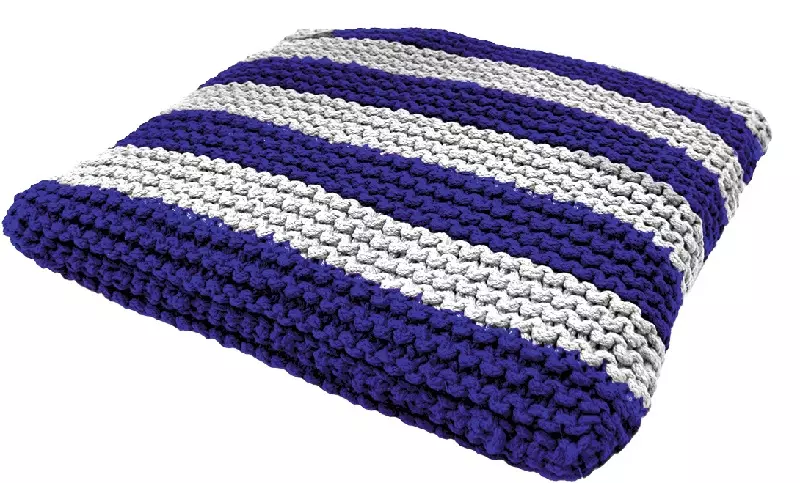 Blue and white striped, square Cabana dog cushion in a knitted look.
