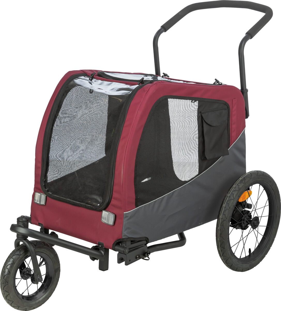 Roter und dunkelgrauer Haustier-Kinderwagen mit drei Rädern. Große Netzfenster vorne und seitlich zur Belüftung, vorn mit transparenter Abdeckung. Gepolsterter Griff hinten, Reflektoren vorne.