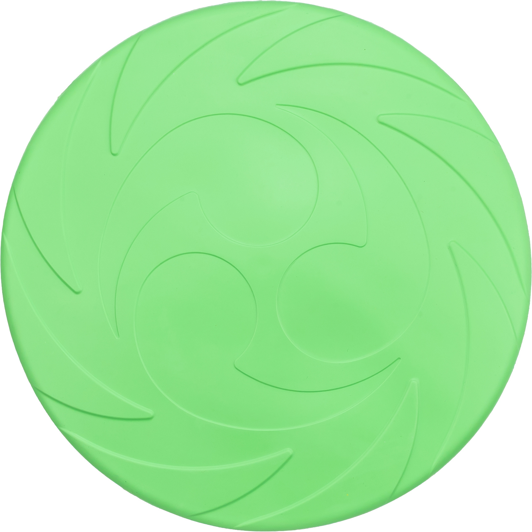 A light green, round dog frisbee made from soft natural rubber that floats on water. The surface features raised spiral patterns for a better grip when fetching. Ideal for play and safe fun.