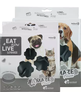 Confezione della ciotola per alimenti Eat Slow Amaze Flower con gatto, carlino, beagle e ciotola grigia.