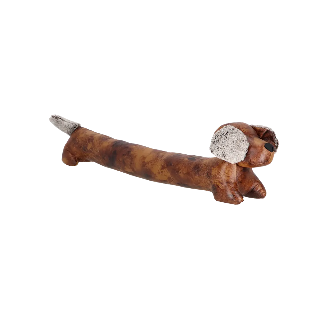 Ein Türluftstopper in Form eines Dackels, mit einem langen, zylindrischen Körper in gemustertem Braunton, der an Leder erinnert. Die Ohren und die Schwanzspitze sind flauschig grau und heben sich ab. Er liegt auf dem Bauch mit Blick nach rechts.
