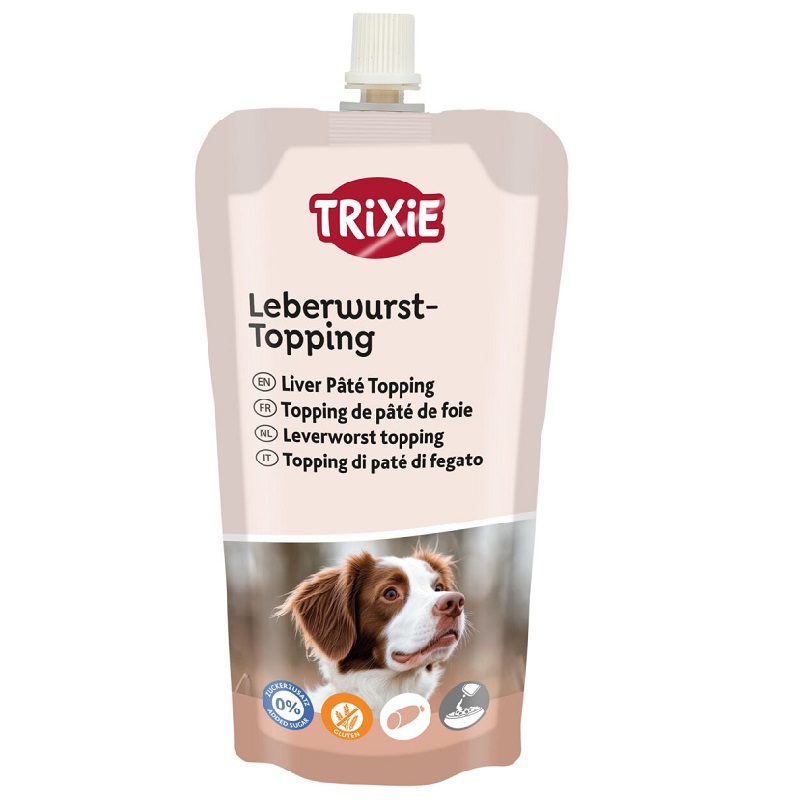 Confezione di salsiccia di fegato per cani con immagine di un cane bianco e marrone, informazioni sul prodotto e istruzioni.