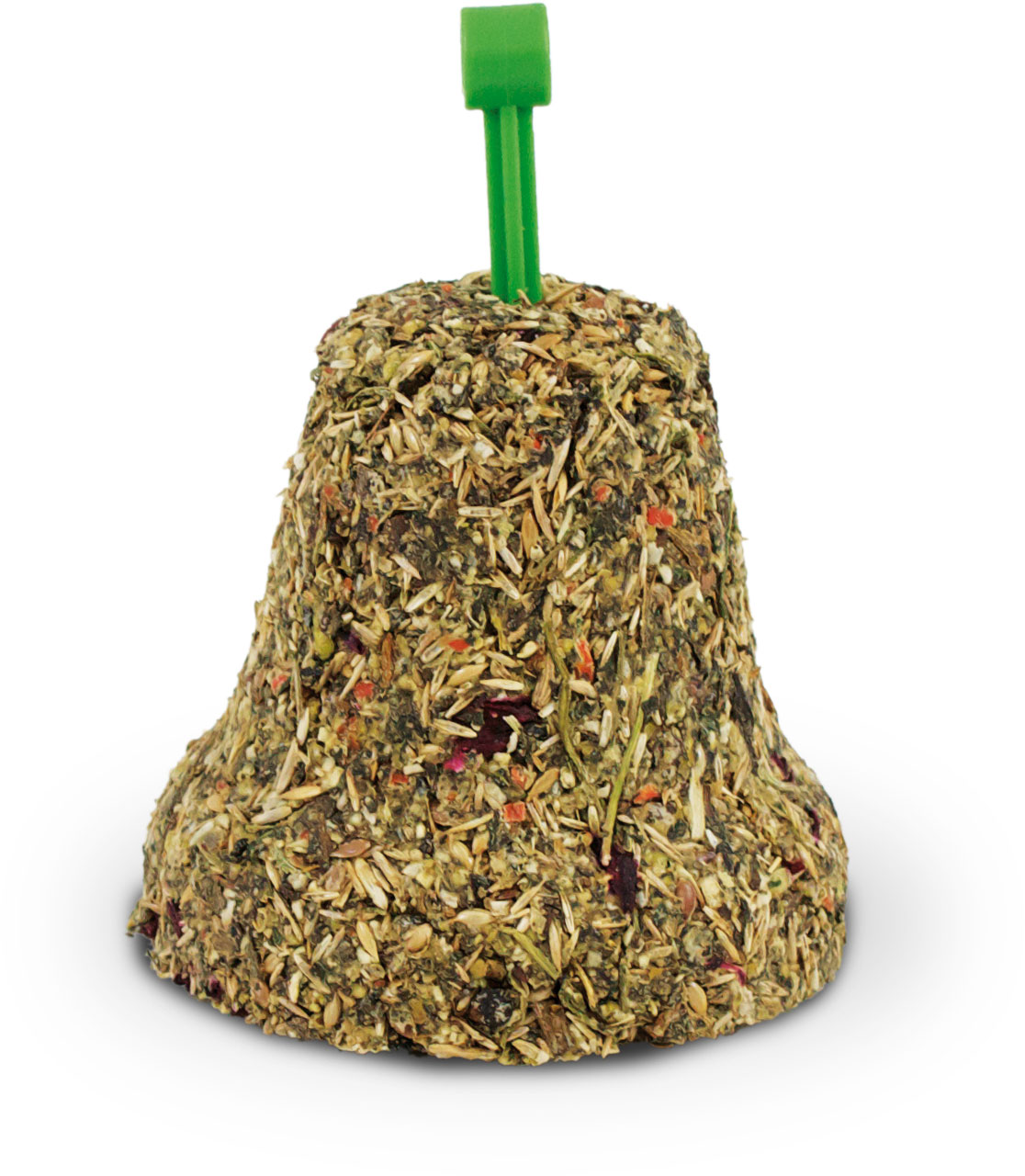 Glockenförmige Pressfutterglocke für Kleintiere, bedeckt mit einer Mischung aus goldbraunen Getreidesamen, grünen Kräutern und kleinen roten Stückchen. Oben ragt ein kurzer grüner Plastikstab zum Aufhängen heraus. Körnig-unevene Textur.