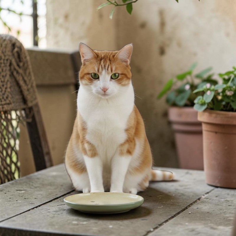 Un gatto rosso e bianco dagli occhi verde brillante è seduto eretto su un tavolo rustico di pietra. Davanti a lui c’è una ciotola vuota verde chiaro. Sullo sfondo si vedono sfocati una sedia di vimini e piante in vaso.