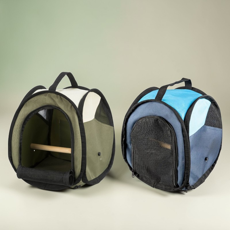 Due gabbie rotonde per il trasporto di uccelli in verde oliva e blu con maniglia per il trasporto e posatoio.