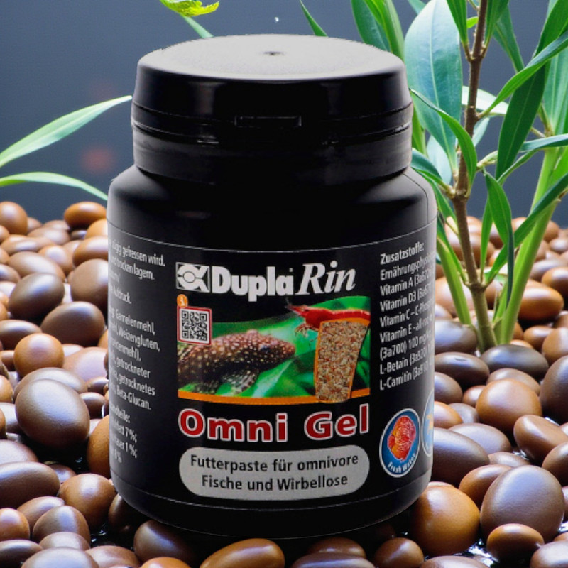 Schwarze Dose DuplaRin Omni Gel Futterpaste, umgeben von Aquarium-Kies und grünen Pflanzen. Nahaufnahme Produkt mit Futterhinweis.