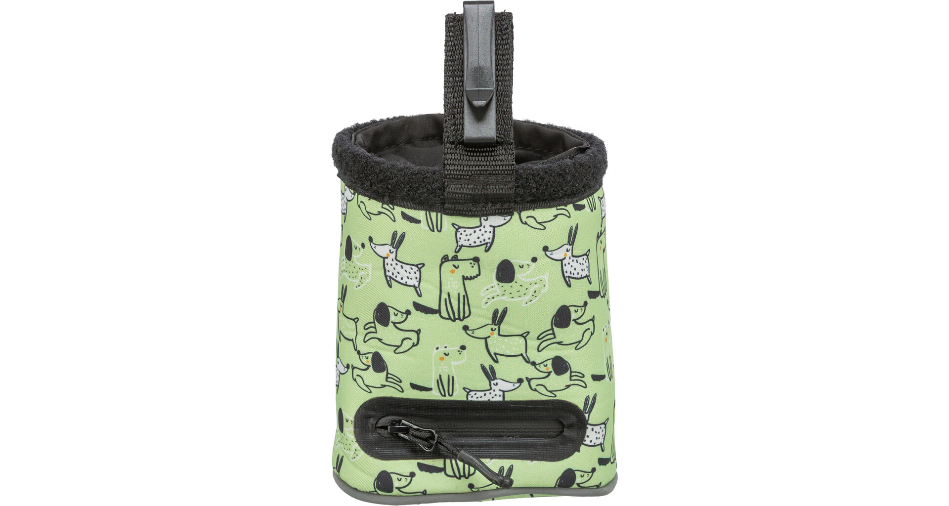 Hellgrüne, zylinderförmige Tasche mit Muster gezeichneter Hunde in verschiedenen Posen, teils gefleckt, teils einfarbig. Oben schwarzer flauschiger Rand, schwarzer Gurt mit Schnappverschluss zum Aufhängen. Unten horizontale Reißverschlusstasche.