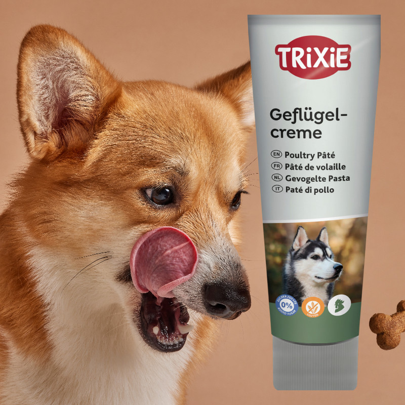 Hund leckt sich Maul; Tube Trixie Geflügelcreme mit Hundebild.