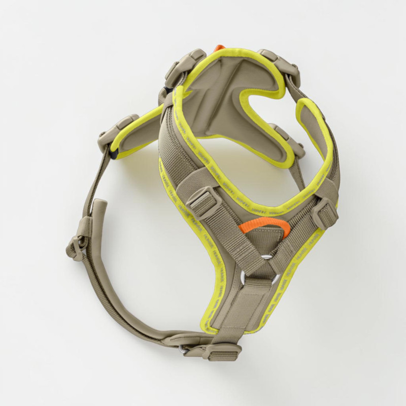 Ergonomic ErgoMove Pro dog harness in grey-green, viewed from above. Wide, softly padded straps with lime-green edging and reflective Hunter lettering. Adjustable buckles, metal rings, orange chest strap with D-ring.
