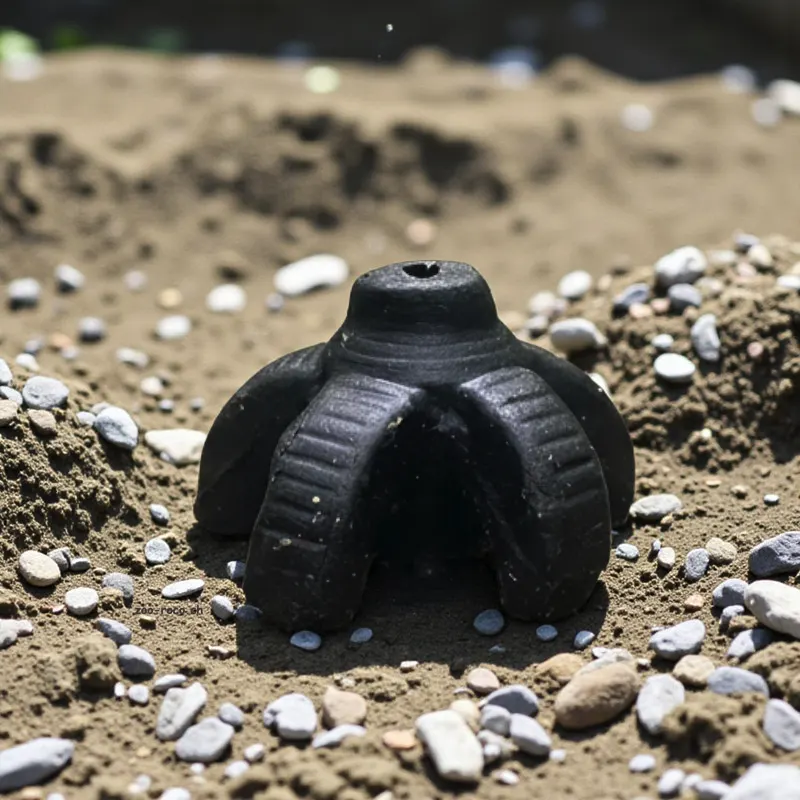 Schwarzer Keramik Shrimp Stick Halter mit Loch, auf Sand mit Steinen.