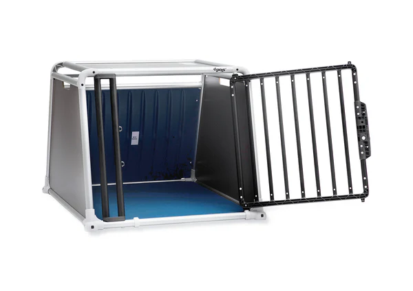 Open Alu4pets ECO 4 dog crate with blue floor mat, grey side walls and door with black bars.