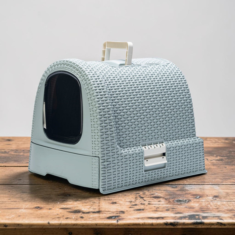 Modern ‘ Curver ’ cat litter tray in a rattan design, light blue-grey, on a rustic wooden table. Enclosed, with an oval entry opening at the front, a carrying handle on the domed lid and a side mechanism for the pull-out litter drawer.