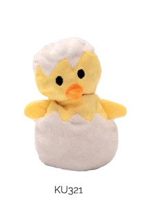 Gelbes Küken als Plüschtier schlüpft aus weißer Eierschale. Katzenspielzeug von Aumüller.