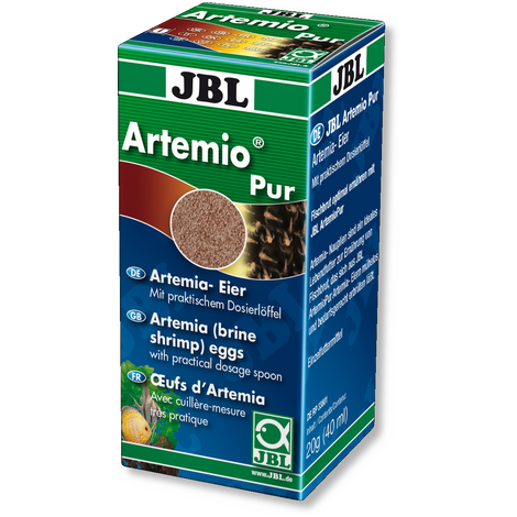 Emballage JBL ArtemioPur avec des oeufs d'artémias pour l'alimentation vivante, avec cuillère de dosage.