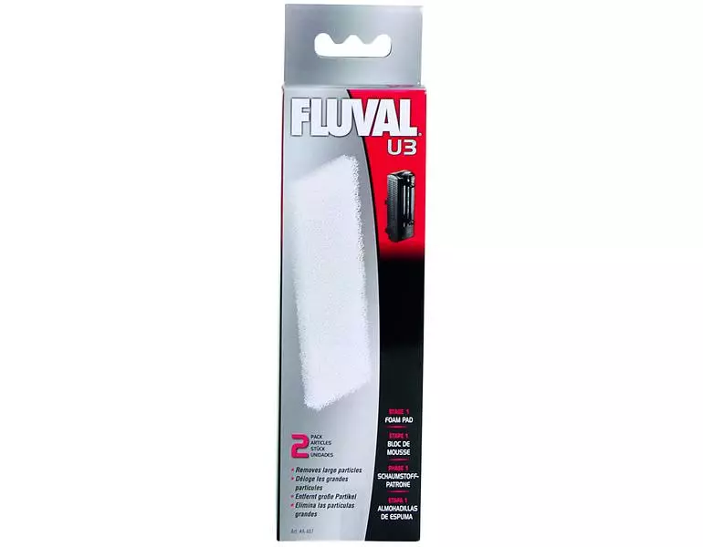 Packaging Fluval U3 foam cartridges, two white foam filters. Text on the packaging in several languages.