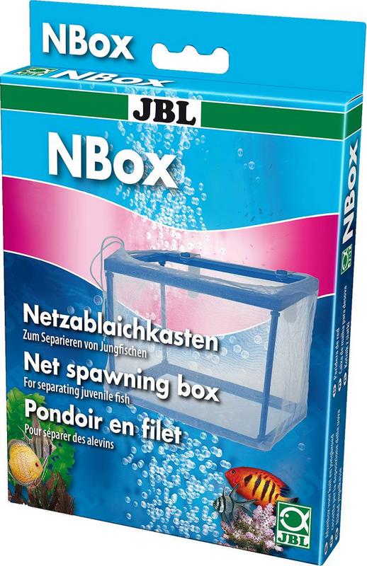 Packaging for the JBL NBox mesh breeding box: a blue and pink box showing the transparent box in an aquarium with air bubbles and colourful ornamental fish (e.g. discus, striped cichlid). For separating fry.