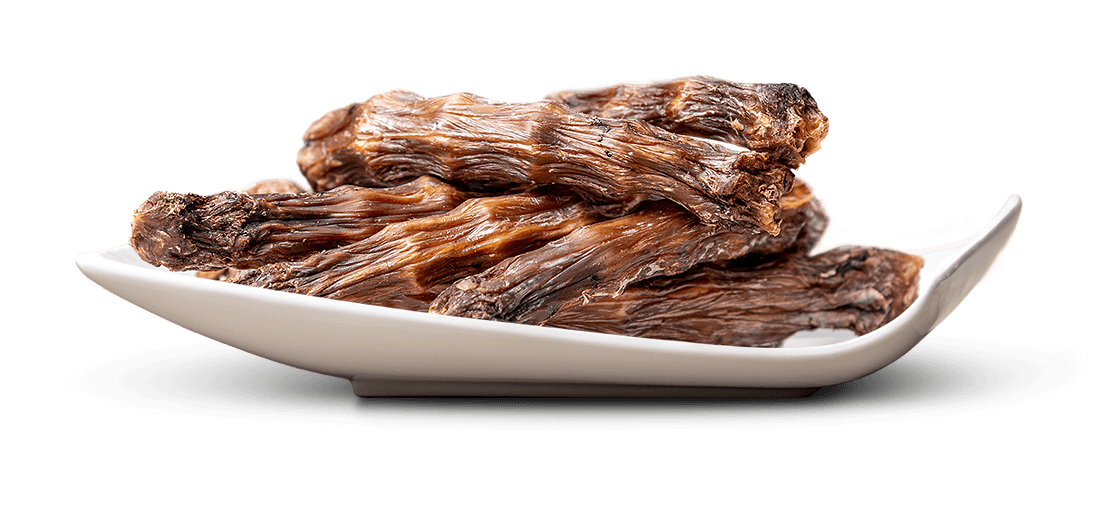 Dunkelbraune, getrocknete Lebensmittelstücke mit faseriger, faltiger Textur, an Trockenfleisch oder dörrtes Gemüse erinnernd. Kunstvoll auf eleganter, weißer, leicht geschwungener Keramikschale arrangiert vor hellem, einfarbigem Hintergrund.
