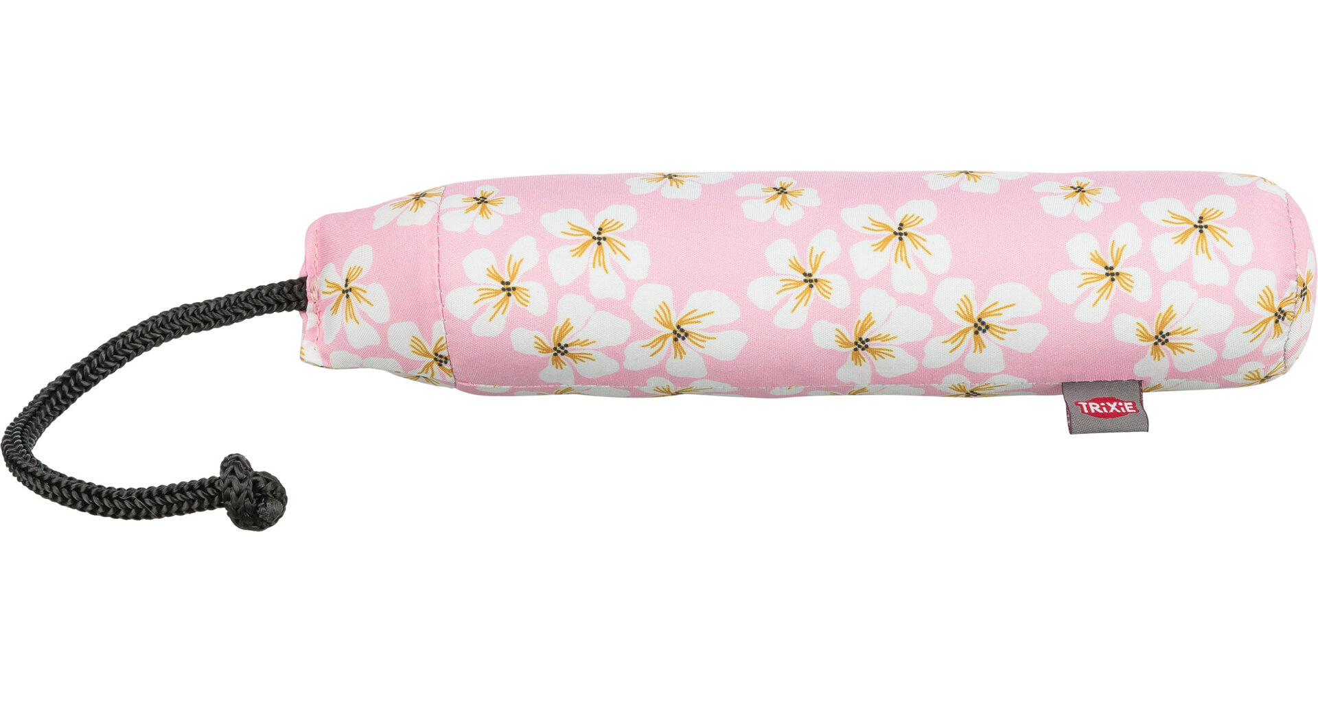 Zylindrischer Apportierdummy für Hunde in zartem Rosa, verziert mit vielen weißen Blüten und gelben Staubblättern. Am Ende eine schwarze geflochtene Wurfkordel mit Schlaufe. Graues TRIXIE-Label seitlich.