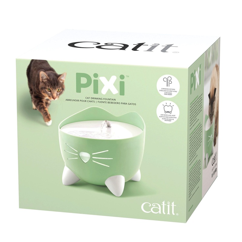 Verpackung einer Catit Pixi Trinkbrunnen für Katzen in Hellgrün mit Katzenmotiv und weißem Sockel.
