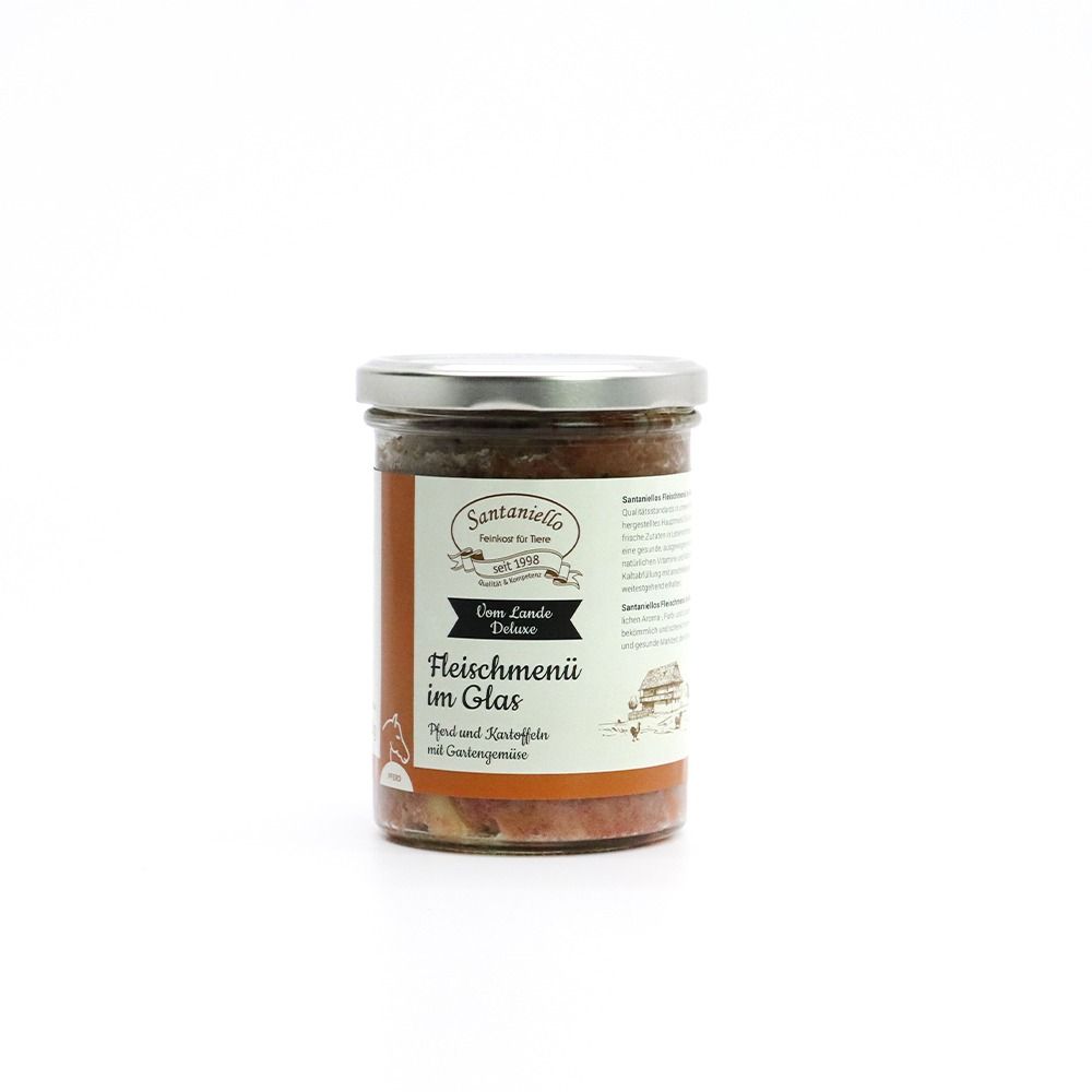 Jar with Santaniello Meat menu for dogs, horse variety, potatoes and vegetables.