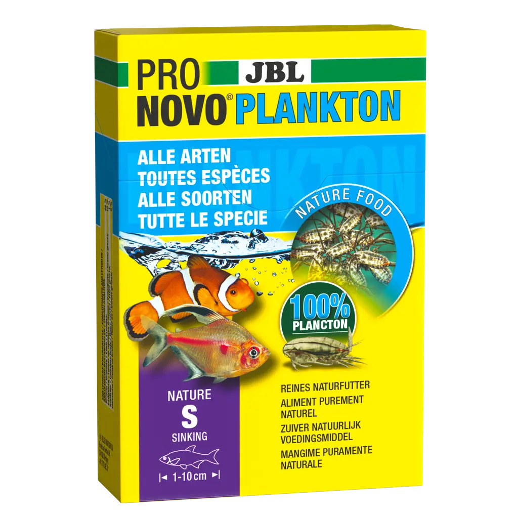 JBL ProNovo Plankton S: Verpackung mit Abbildung von Clownfisch, Rotflossensalmler und Plankton für Aquarienfischfutter.