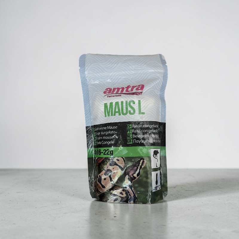 Confezione "Amtra Mouse L" con la fotografia di un pitone reale. Il testo fa riferimento a topi congelati come cibo.