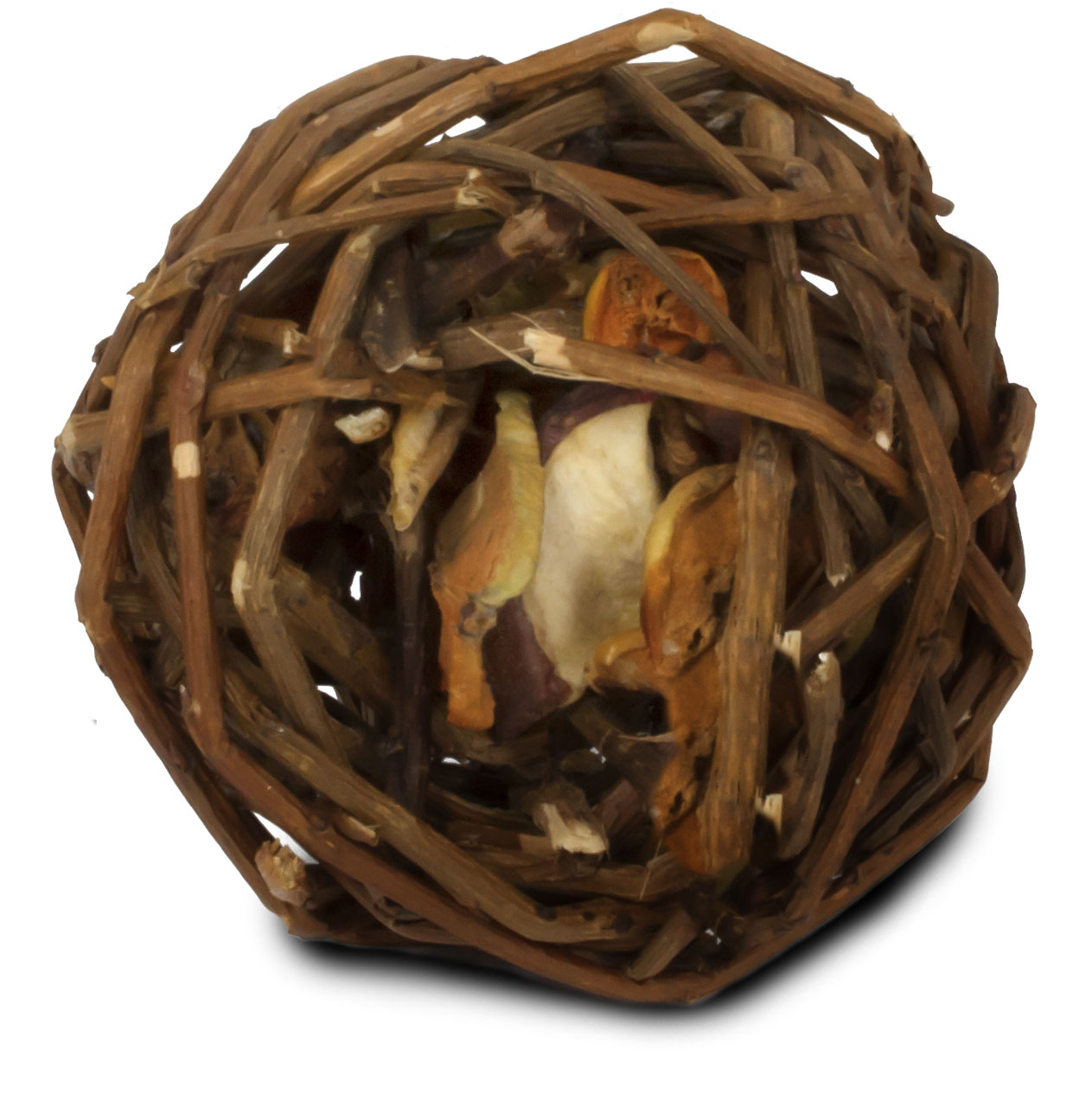 A spherical object made from brown branches and twigs woven together. Inside are dried natural materials in warm shades such as beige, orange and brown. Suitable as a decoration or a toy for small animals.