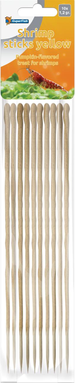 Verpackung gelbe Garnelen-Sticks mit Garnele und Wasserpflanze. Zehn helle, längliche Sticks.