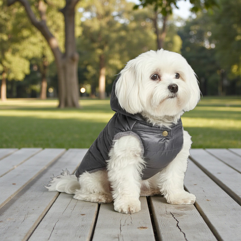 Quilted coat with detachable hood and faux fur lining gray