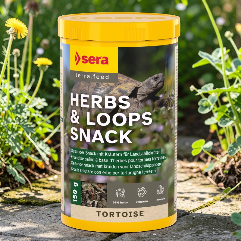 Gelb-grüner Behälter „sera terra.feed Herbs & Loops“ für Schildkrötenfutter. Etikett mit Landschildkröte. Steht draußen auf Steinboden, umgeben von Grün und gelben Löwenzahnblüten. Enthält 50% Kräuter, Vitamine und Mineralien.